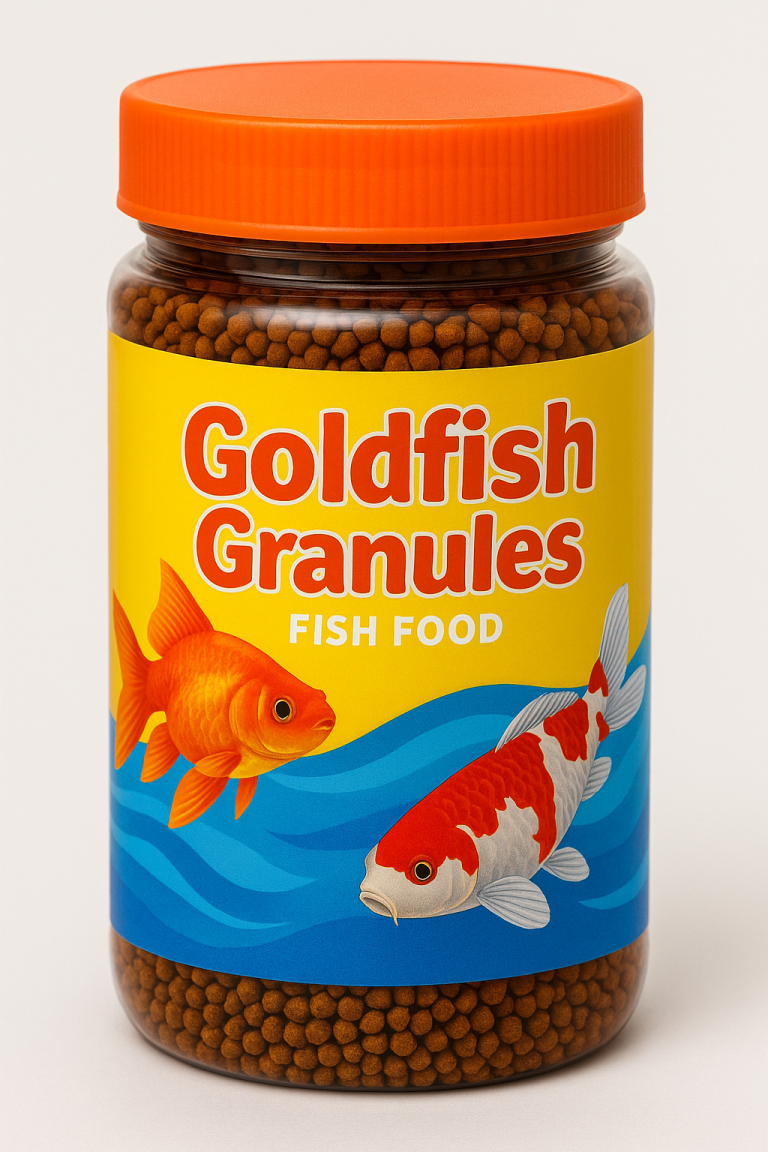 Jar of goldfish granules fish food with bright packaging showing a goldfish and koi.
